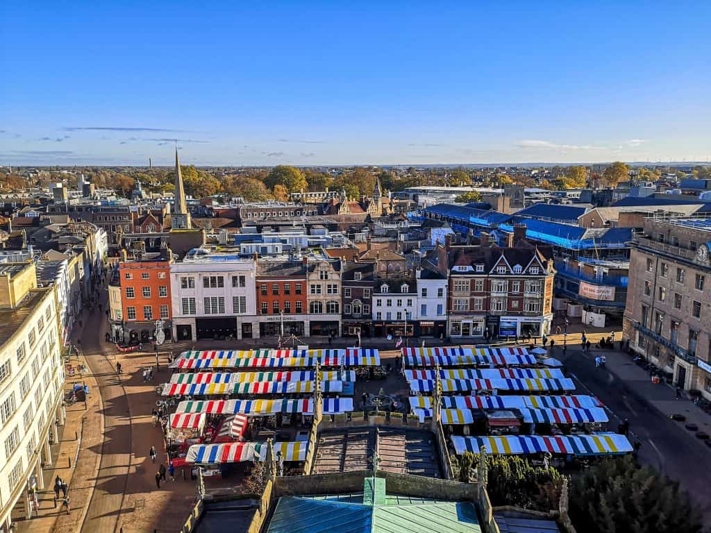 A Market square in Cambridge, East Anglia, viewed from the top.