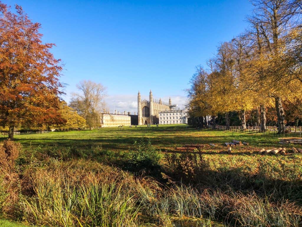 The Backs Cambridge - View of King's College with a park, a stunning walk in autumn during a Cambridge day trip.