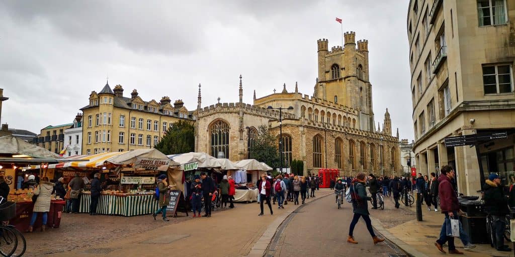 Market square in Cambridge. on a busy day with people. 