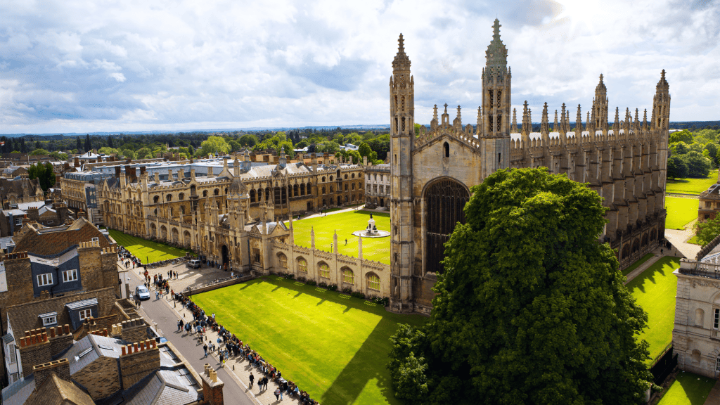 View at the King's College in Cambridge from the top of St Mary's Church in East Anglia.