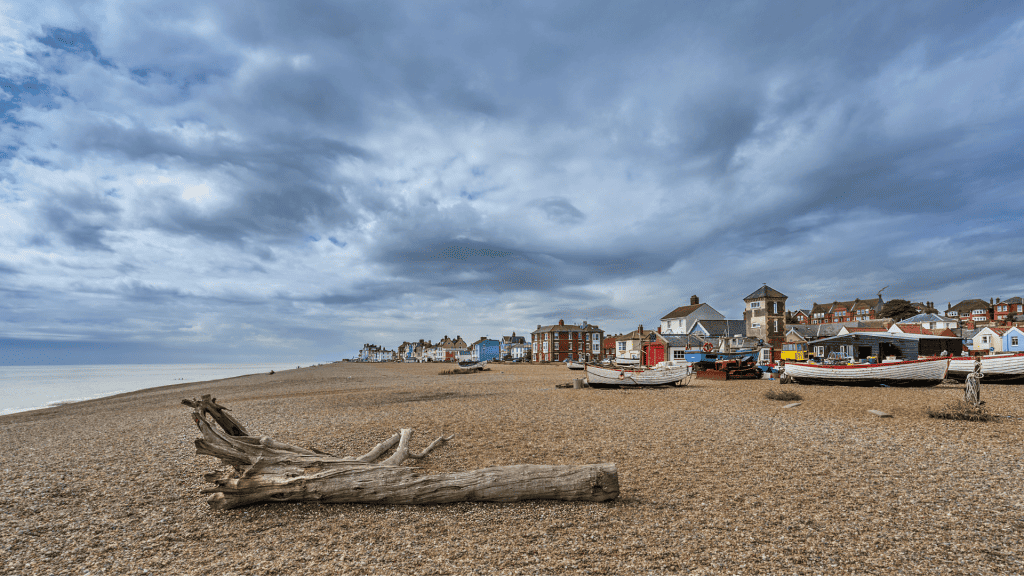 Aldeburgh beach with boats, one of the best beaches in Suffolk.