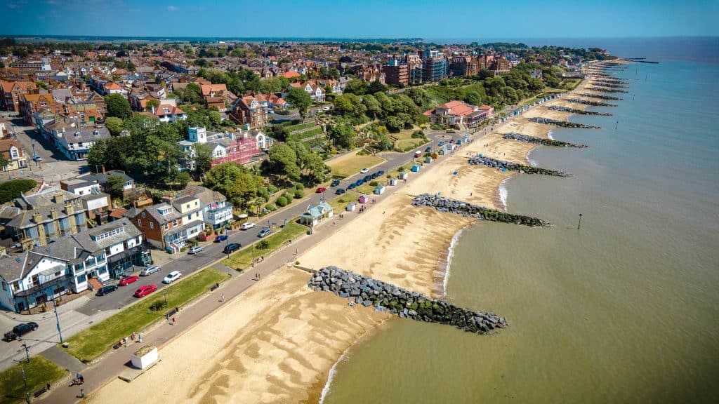 View at beach in Felixstowe with houses.