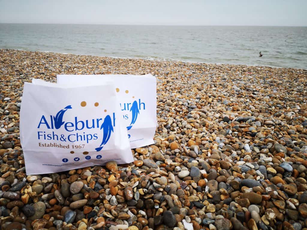 Fish and chips on the beach in Aldeburgh. One of the best things to do on Suffolk coast.
