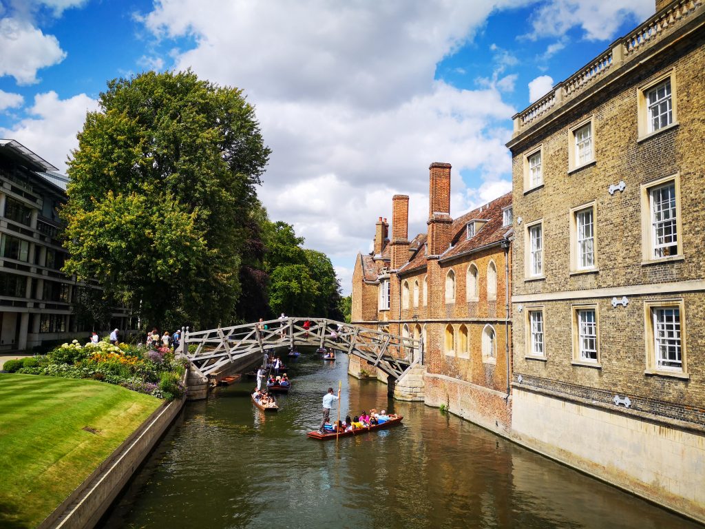 Punting near the Cambridge Mathematical bridge, one of the fun things to do in Cambridge.