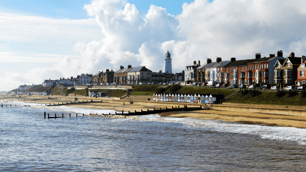 View at Southwold Beach with the town of Southwold, one of the best seaside towns in East Anglia.