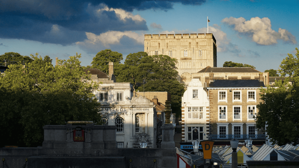 View at the Norwich Castle from Market Square in Norwich.