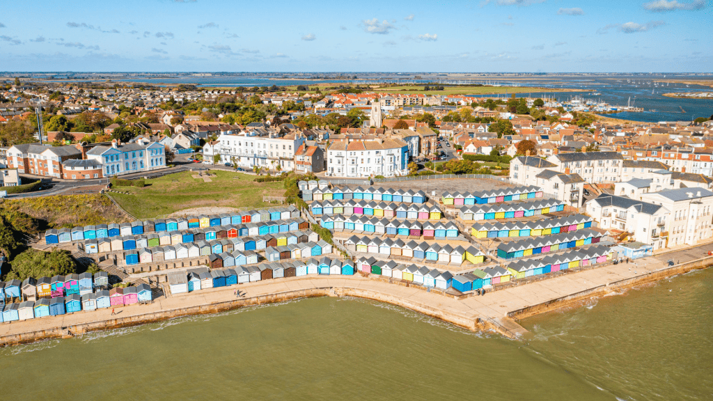 View at the colourful beaches on the Walton on the Naze Beach, one of the best Essex seaside towns.