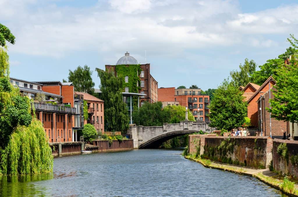 Norwich riverside in a beautiful sunny weather, one of the best fun things to do in Norwich.
