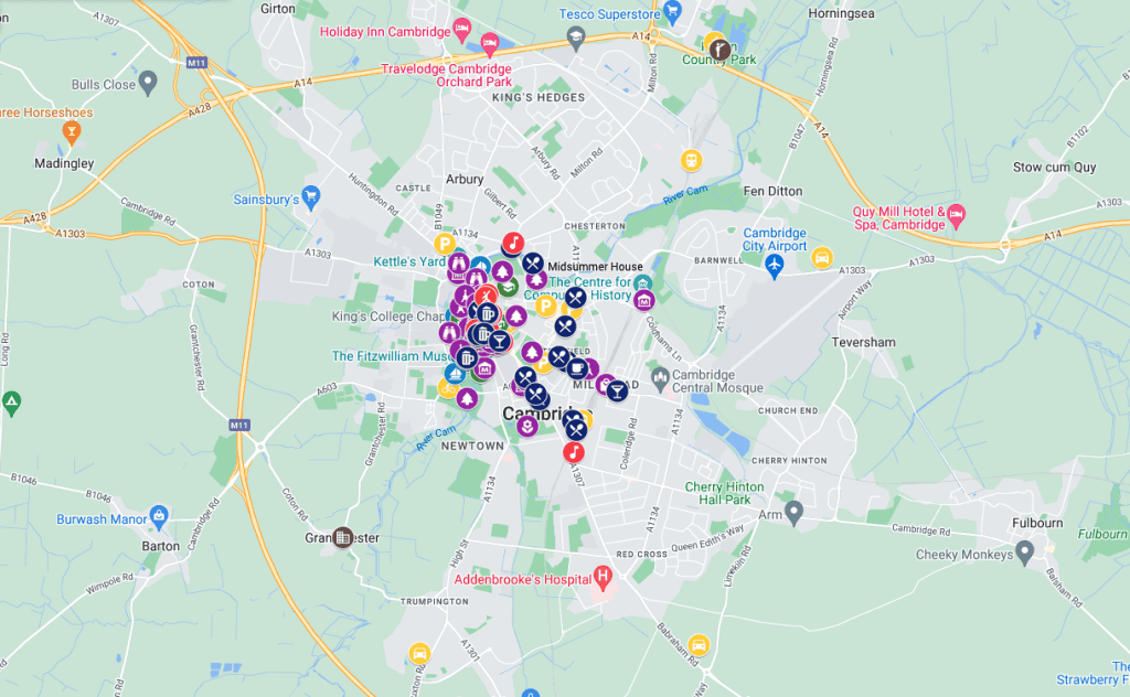 A screenshot of a map of Cambridge city centre with fun things to do in Cambridge during your Cambridge day trip.
