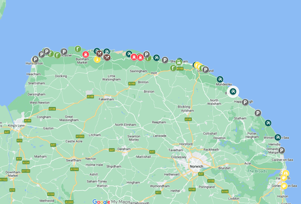 A screenshot of a Norfolk coastline map with points of interest around beaches in Norfolk.