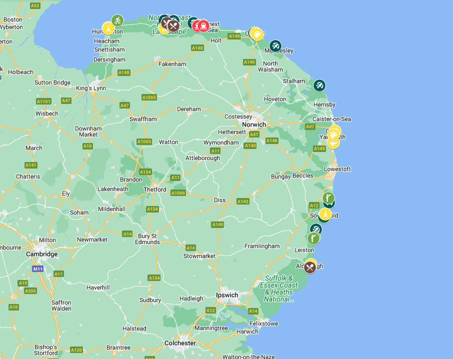 A screenshot of a map with points of interest and best beaches in East Anglia.