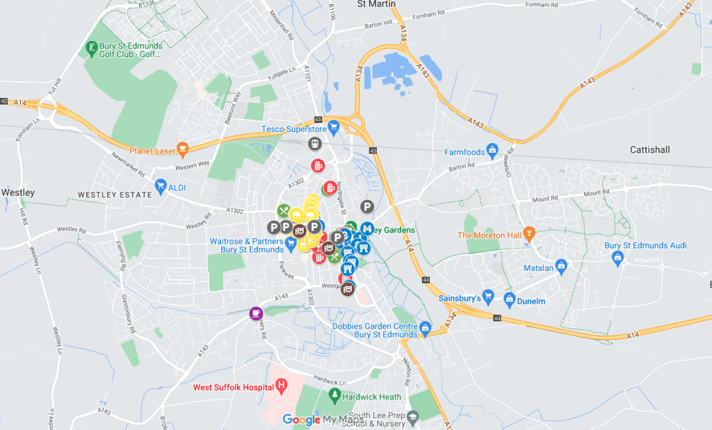 A screenshot of a map with Bury St Edmunds attractions covering the best things to do in Bury St Edmunds.