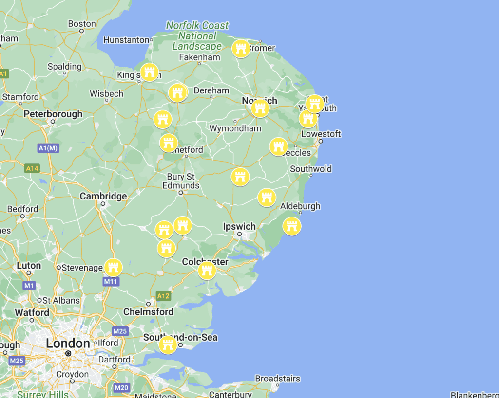 A screenshot of a map with castles in East Anglia.