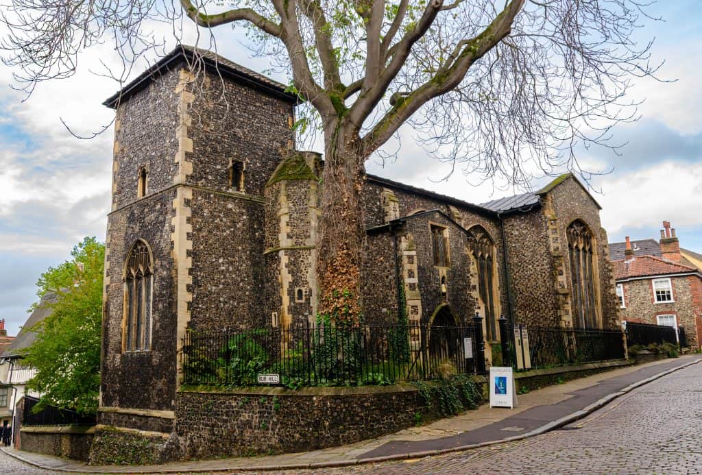 Norwich Elm Hill street with historical Church.