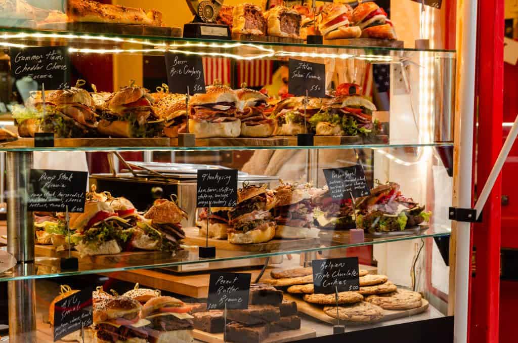 Norwich food window with amazing looking baguettes and baps.