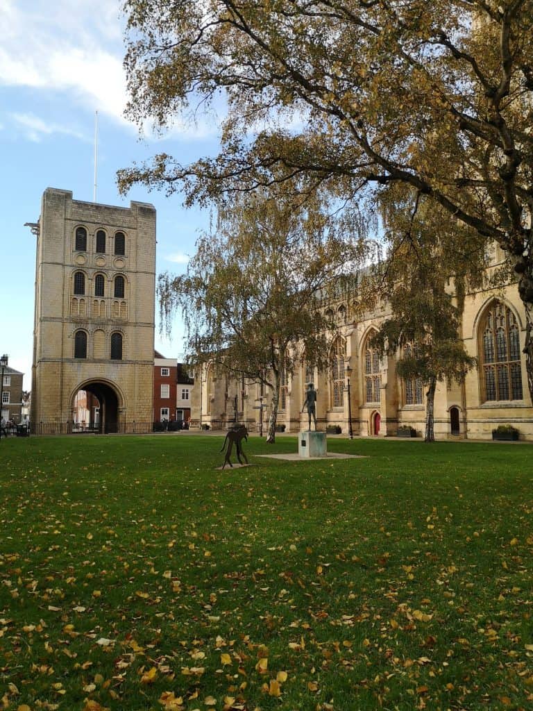 View at the Norman Tower Bury St Edmunds in autumn at Bury St Edmunds Cathedral ground, the best of the Bury St Edmunds attractions.