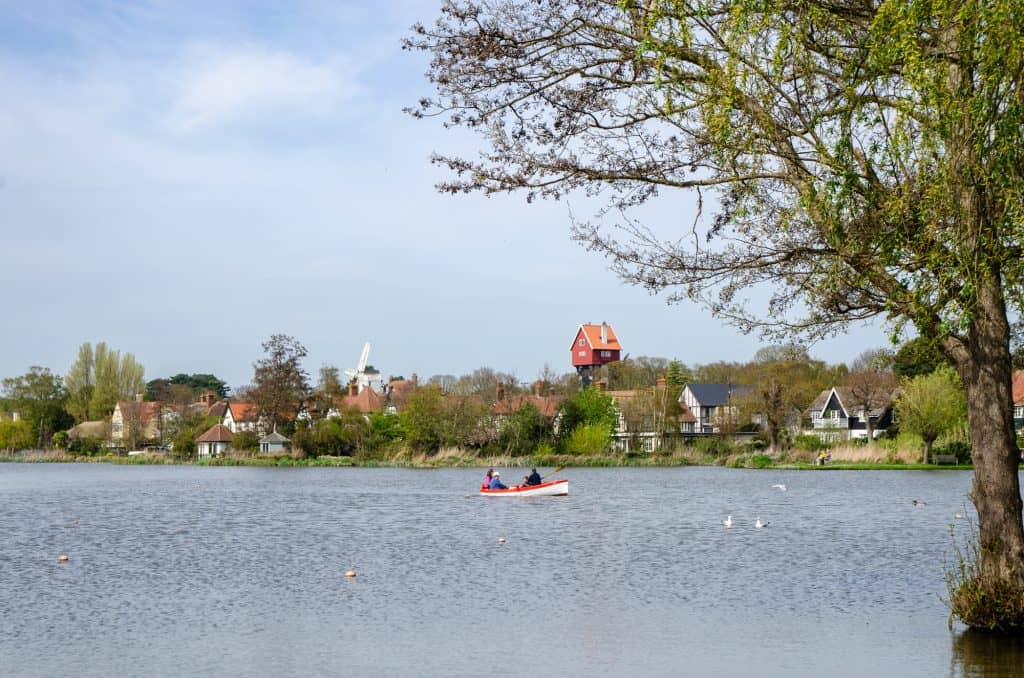 Views at the lake with boats in Thorpeness in Suffolk Coast and Heaths AONB.