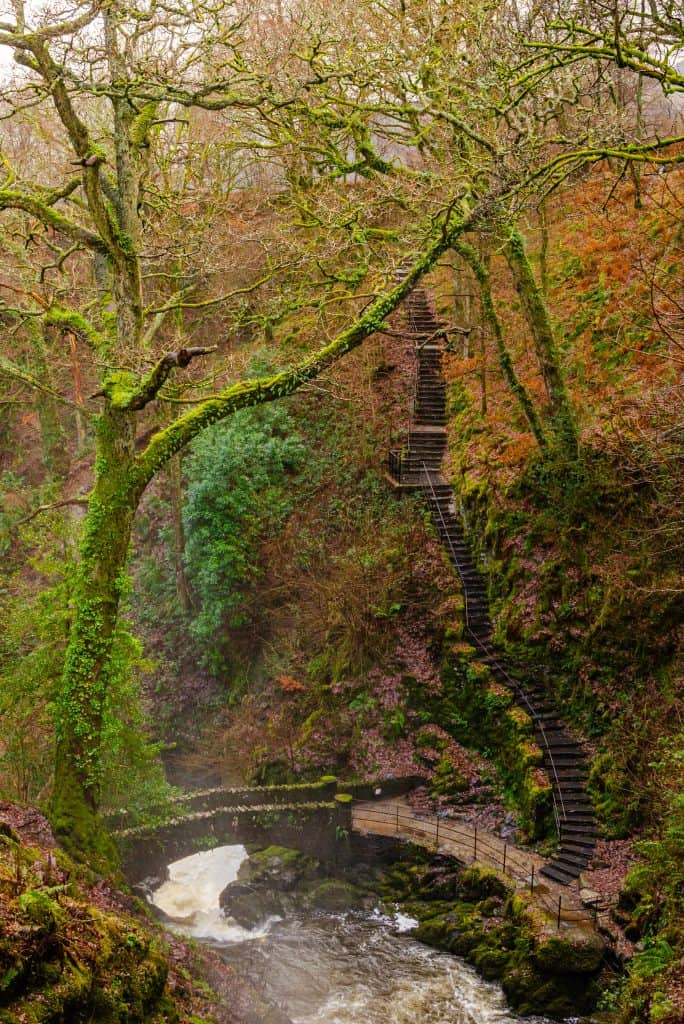 View at the bridge and stairs near the Aira Force Waterfall in the Lake District.