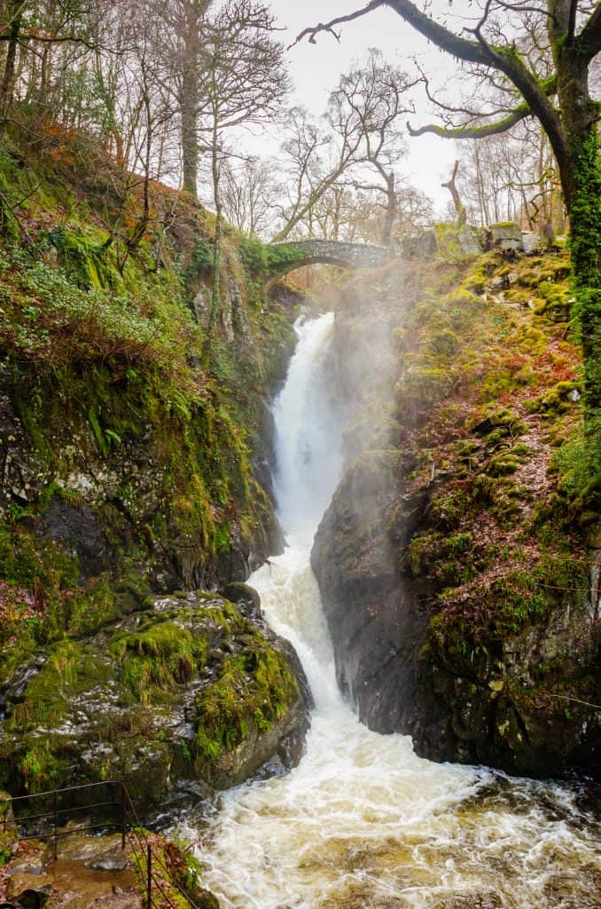 View at the winter Aira Force Waterfall in Lake District.