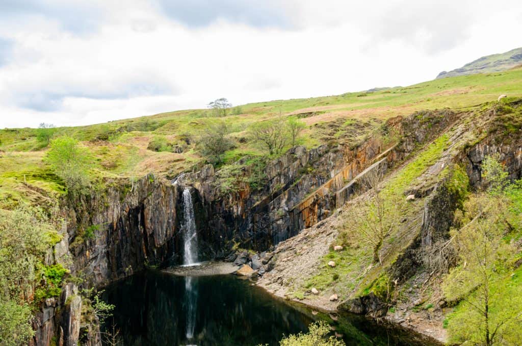 View at the waterfall and Banished Quarry in the Lake District.