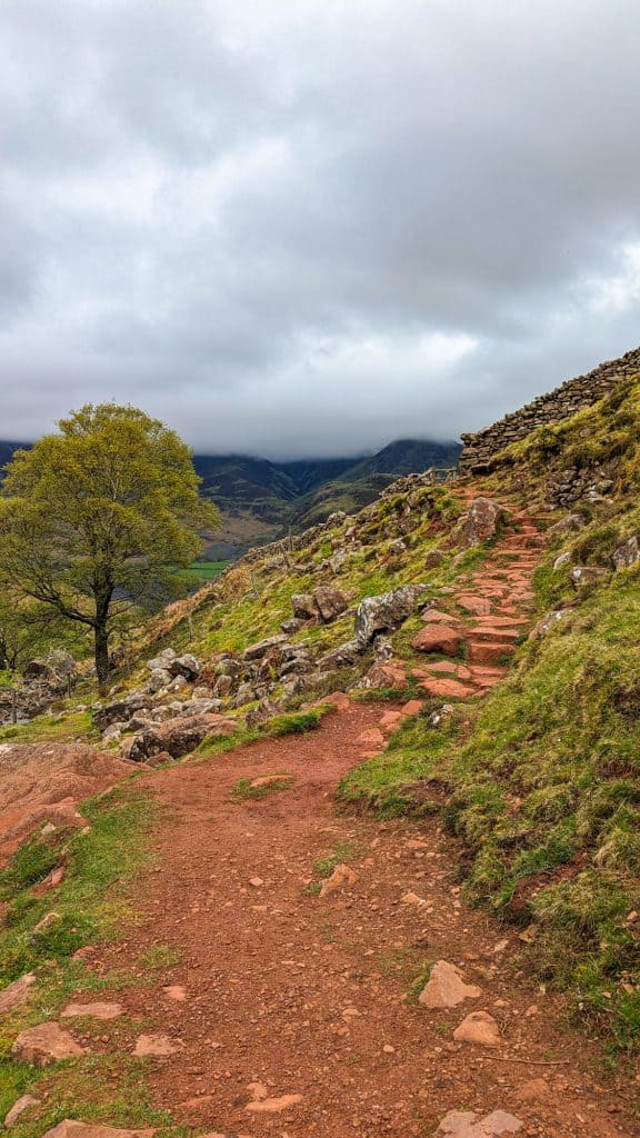 A trail near Buttermere that leads to a waterfall.