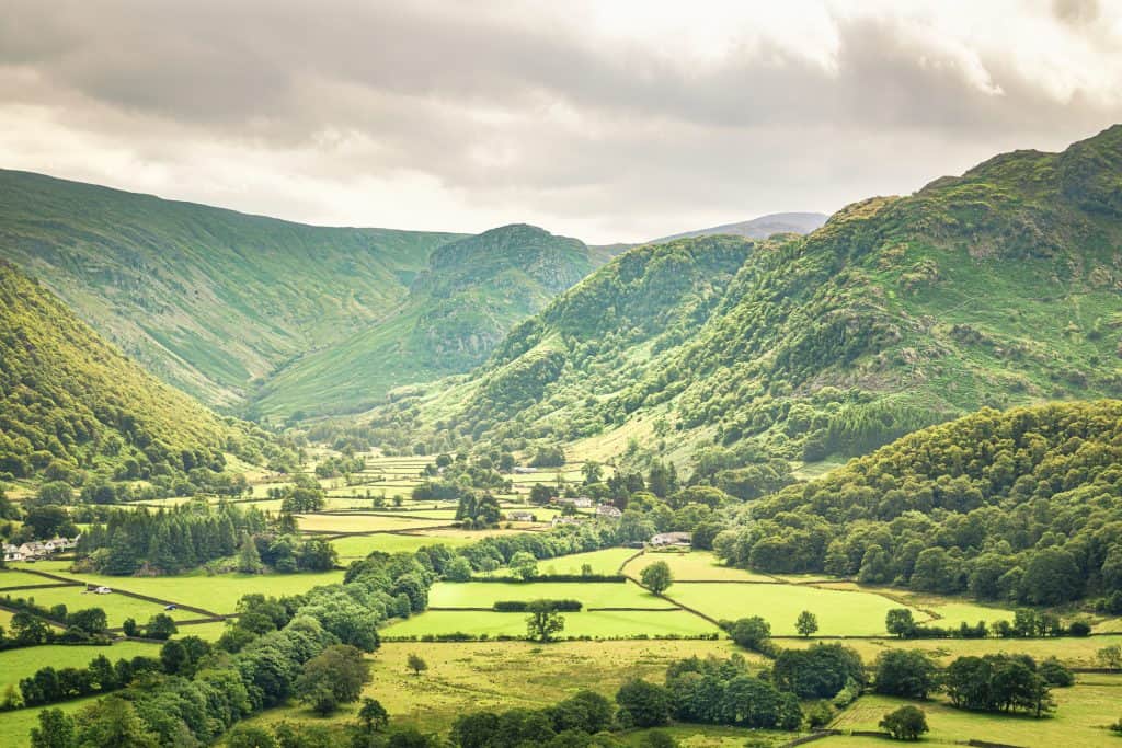 Views from the Castle Crag near Borrowdale valley in spring.