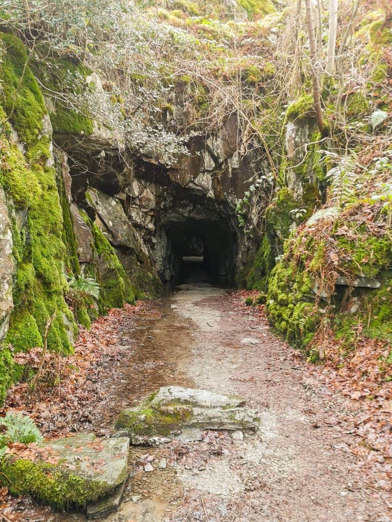 View at the entrance tunnel to the Cathedral Cave in the Lake District.