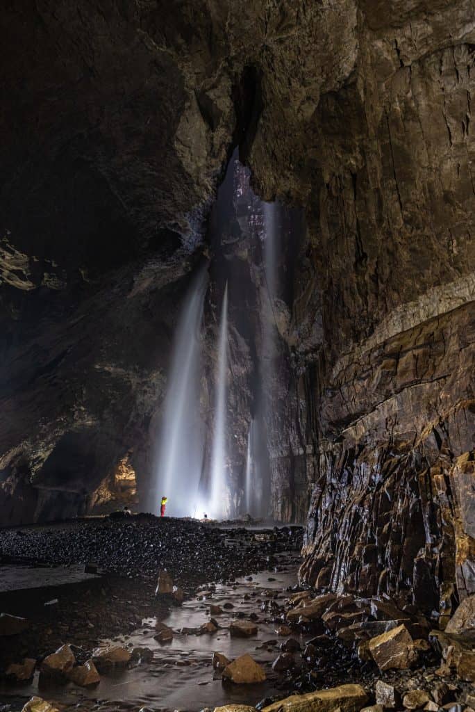 Gaping Gill cave in Yorkshire dales, view at the waterfall and cave.