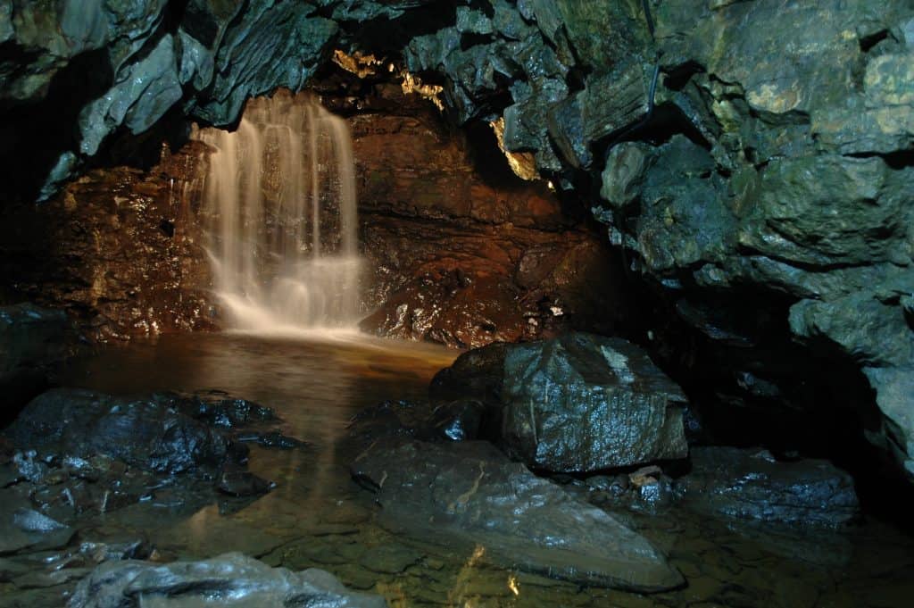 Waterfall in the Ingleborough Cave in Yorkshire Dales.