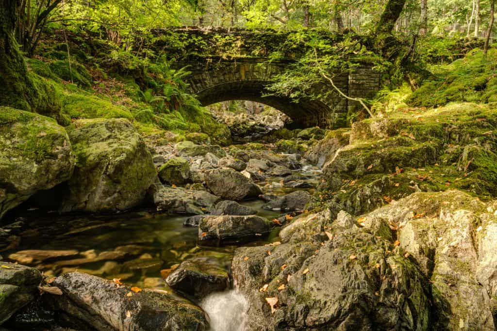A start of the Launchy Gill with old bridge in the woodland.