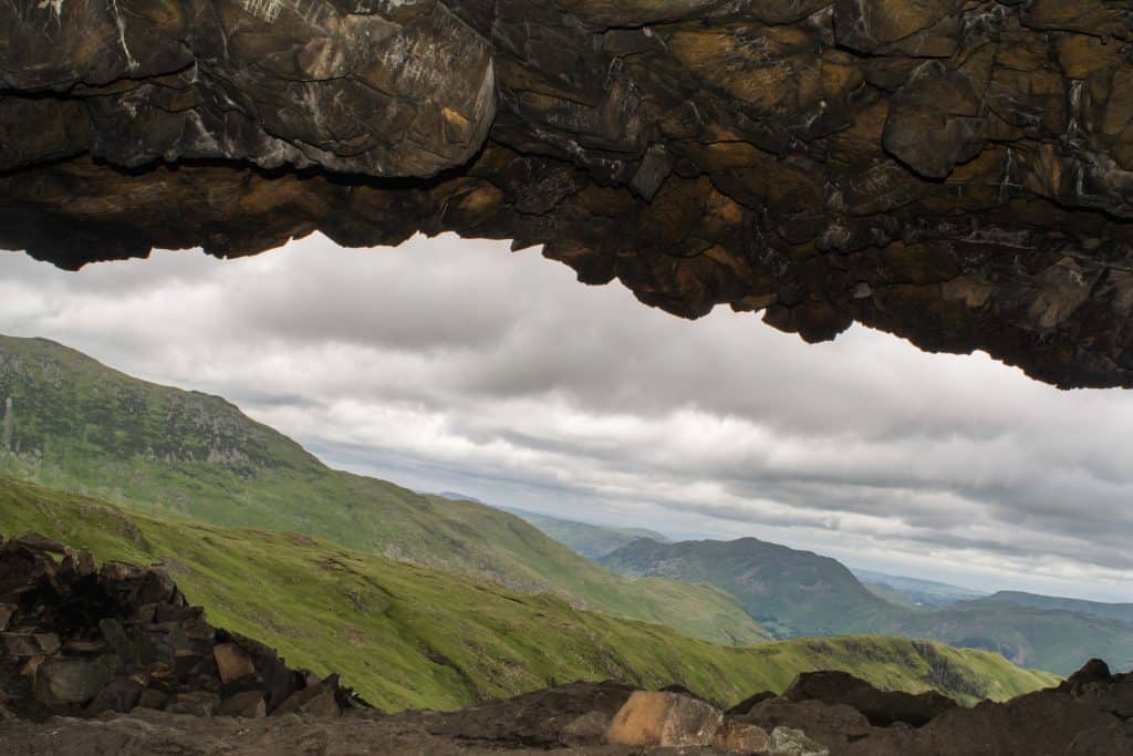 View from the Priest's Hole Cave in the Lake District to surrounding fells.