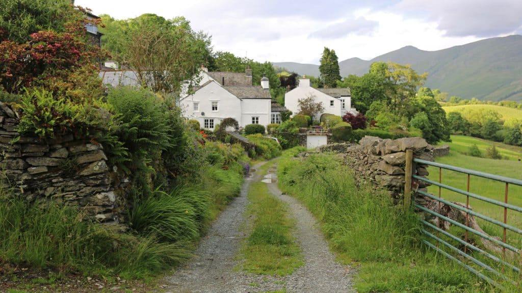 White cottages and a footpath.