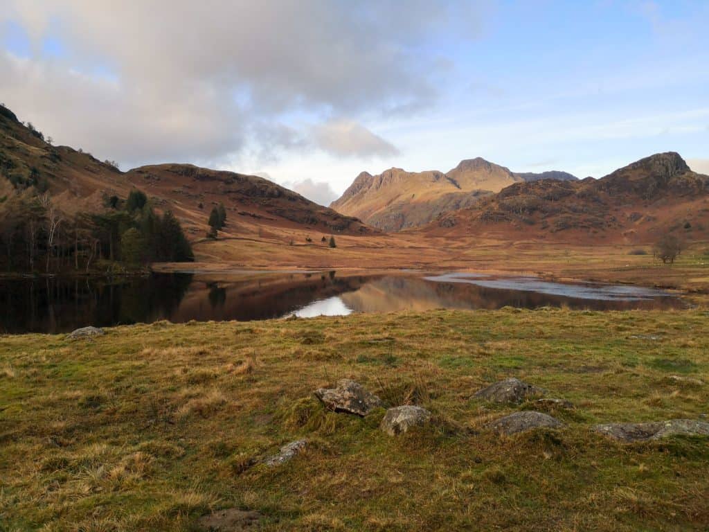 View at Blea Tarn and surrounding hills in winter.