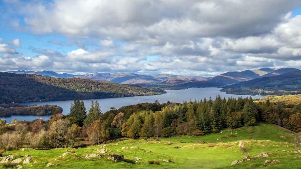 View at a lake with hills and forest.