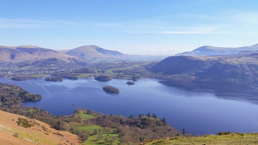 View at a big lake and hills on a sunny day in Lake District.