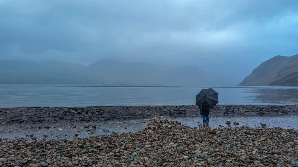 A person with an umbrella looking at a lake in rain.