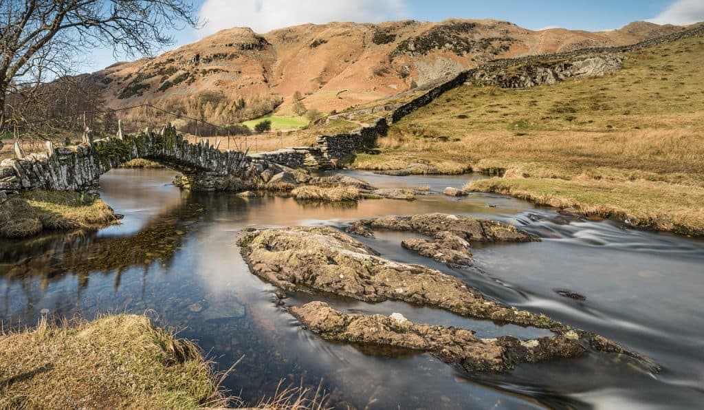 View at Slater's Bridge with river in winter.