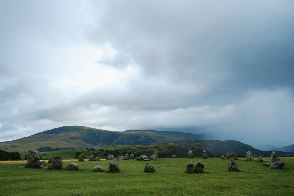 Historical stone Circle in gloomy weather in Lake District.