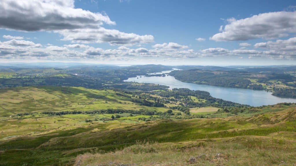 A view on a big lake and green valley.