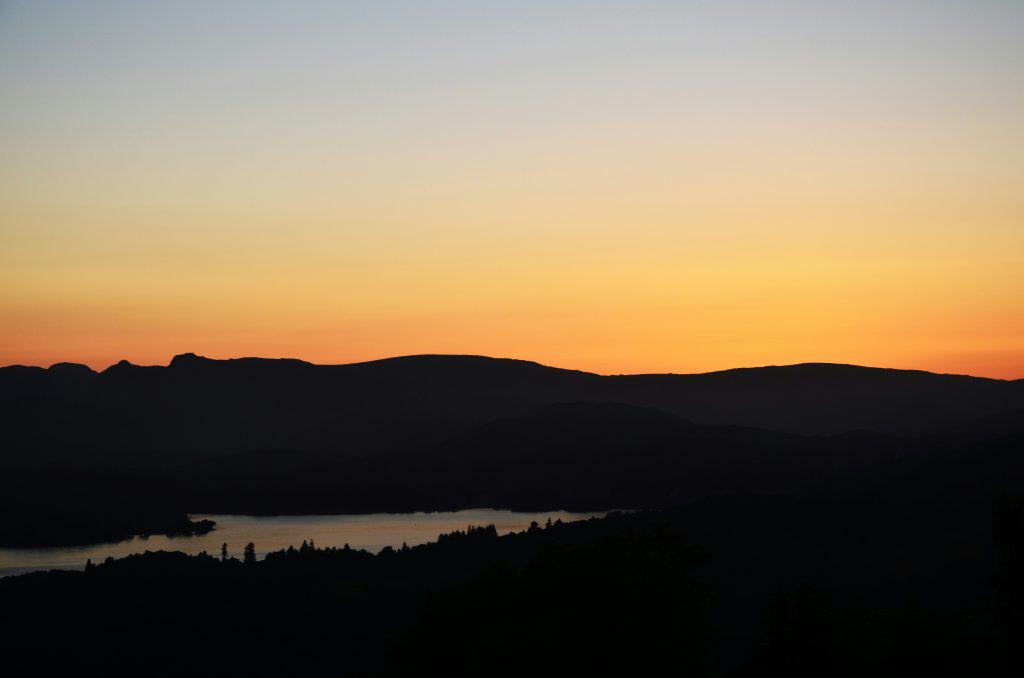 Sunset from a viewpoint in Windermere.