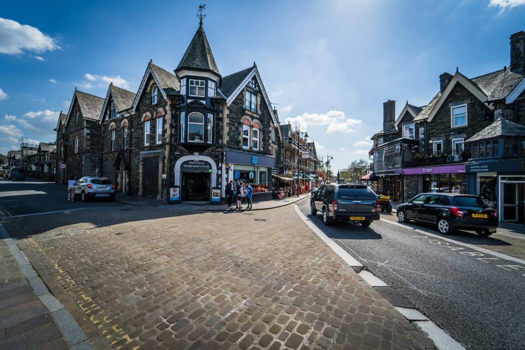 A busy town of Windermere on a sunny day.