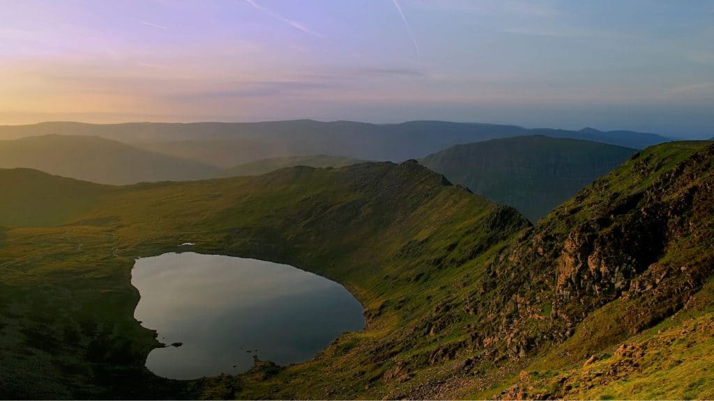 View at a mountain range and a lake.