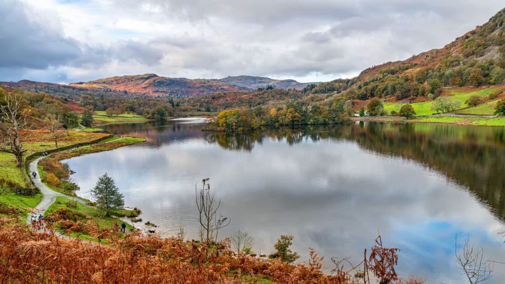 Autumn walks around Grasmere - Lake with trees covered in autumn colours.