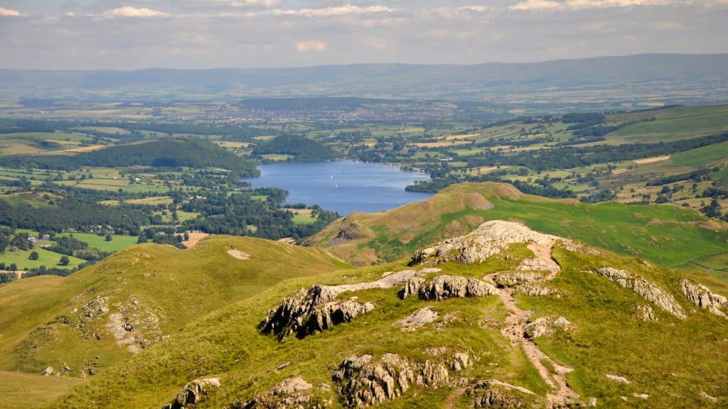 View at lake and green pastures. Place Fell