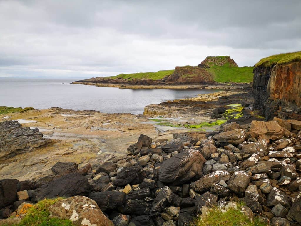 The beach near the Brother's Point on the Isle of Skye, view at cliffs, rocks and sea. One of the best Isle of Skye viewpoints.