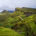 View at the rock formations in Quiraing on the Isle of Skye in summer on a cloudy day.