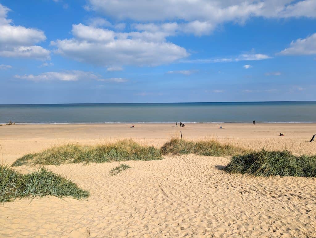 View at the sandy Bacton beach in Norfolk on a sunny day.