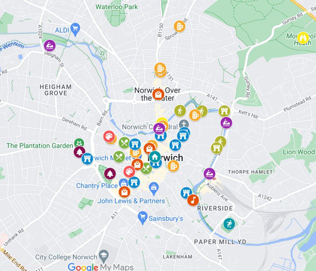 A detailed map of Norwich England - showcasing all the places and fun things to do in Norwich. Best Map of Norwich Town Centre activities.