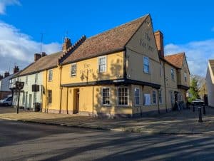 View at the historical building of the Fox Inn pub and hotel in Bury St Edmunds.