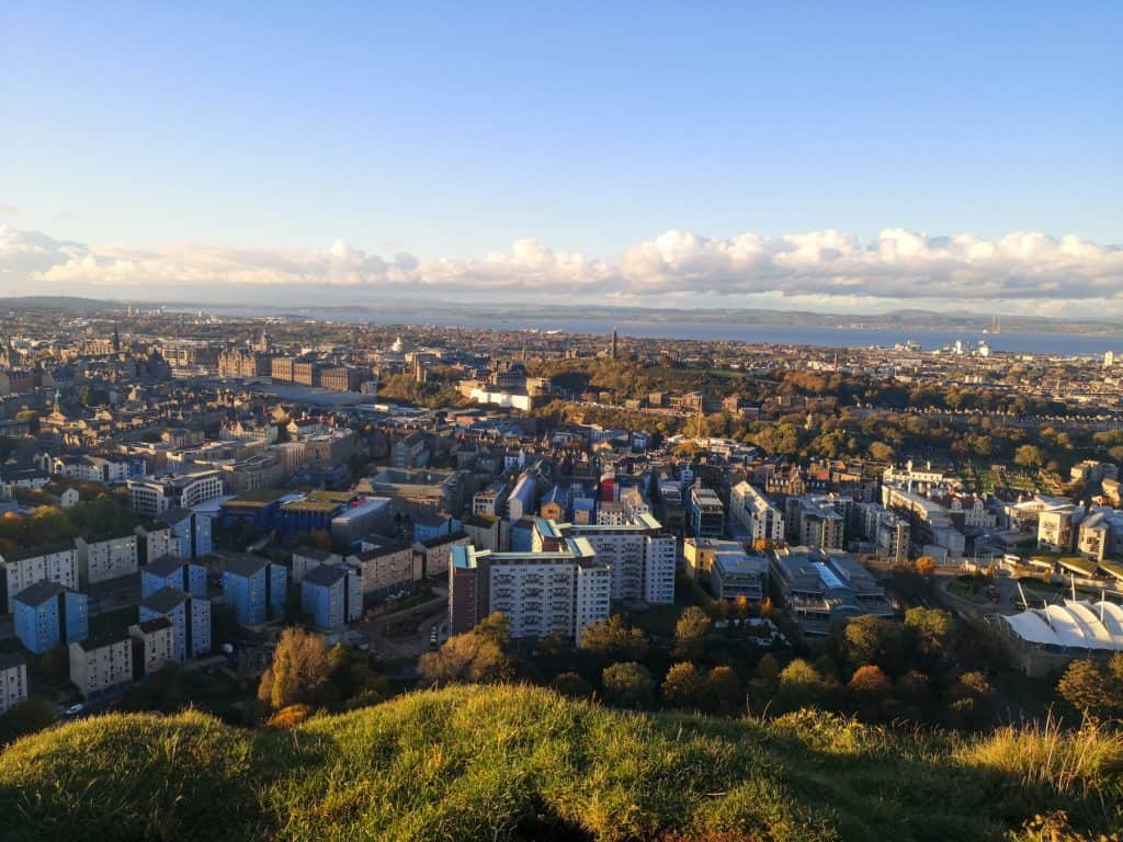 View at the city and sea from the Salisbury Crags in Edinburgh.